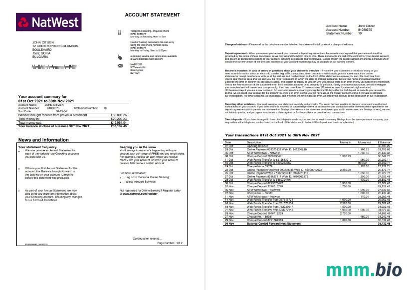 Szablon wyciągu z rachunku bankowego w Wielkiej Brytanii NatWest w formacie Excel i PDF, 2 strony